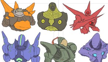 6+boys alien armor crystal helmet kanden_(metroid) looking_at_viewer metroid metroid_prime_hunters multiple_boys nintendo noxus_(metroid) one-eyed orange_visor ponytail power_armor science_fiction spire_(metroid) sylux_(metroid) trace_(metroid) upper_body wakaba_(wata_ridley) weapon weavel