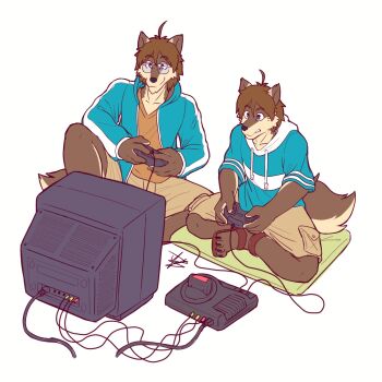 2boys ahoge animal_ears blue_hoodie blue_jacket brown_sandals brown_shirt brown_shorts cable claws commentary controller english_commentary furry furry_male game_console glasses highres holding holding_controller hood hood_down hooded_jacket hoodie indian_style jacket male_focus morenatsu morenatsu:_homecoming multiple_boys playing_games sandals sega_mega_drive shirt shorts shun_kodori signature sitting smile sol_kanonn tail television white_background wolf_boy wolf_ears wolf_tail
