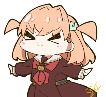 >:) >_< 1girl absurdres arms_up brown_dress c: chibi chibi_only closed_mouth dress facing_viewer hasu_no_sora_school_uniform highres hinoshita_kaho link!_like!_love_live! long_sleeves love_live! medium_dress neckerchief oofushi_ao outstretched_arms pleated_dress red_neckerchief sailor_collar sailor_dress school_uniform signature smile solo split_mouth spread_arms v-shaped_eyebrows virtual_youtuber white_sailor_collar winter_uniform