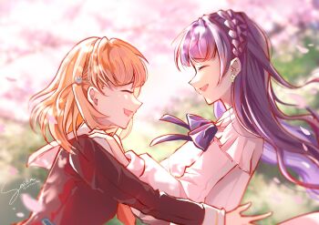 Rule 34 | 2girls, blurry, blurry background, braid, cerise bouquet, cherry blossoms, closed eyes, commentary request, crown braid, dress, earrings, falling petals, flower earrings, frilled shirt, frills, hair ornament, hasu no sora school uniform, highres, hinoshita kaho, imminent hug, jewelry, link! like! love live!, long hair, long sleeves, love live!, medium hair, multiple girls, open mouth, orange hair, otomune kozue, otomune kozue (post-graduation), outdoors, petals, pink petals, pink shirt, profile, purple hair, rabbit hair ornament, saika (uriisaika), sailor collar, school uniform, shirt, sidelocks, signature, smile, strapless, strapless dress, two side up, virtual youtuber, white sailor collar, winter uniform