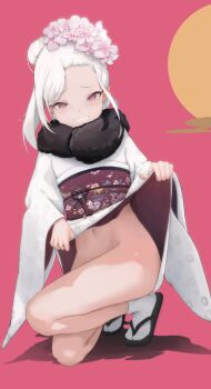 1girl absurdres blue_archive chinese_commentary clothes_lift commentary eiyuo flower full_body fur-trimmed_kimono fur_trim grin hair_bun hair_flower hair_ornament highres japanese_clothes kimono kimono_lift kneeling long_hair looking_at_viewer mutsuki_(blue_archive) mutsuki_(new_year)_(blue_archive) no_panties pink_background pink_flower purple_eyes smile solo thighs white_hair white_kimono