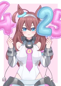 Rule 34 | 1girl, ahoge, animal ears, balloon, bare shoulders, blue eyes, blush, breasts, brown hair, closed mouth, commentary request, detached sleeves, grey hairband, grey leotard, grey skirt, grey sleeves, hair between eyes, hairband, highres, holding, holding balloon, horse ears, horse girl, large breasts, leotard, long hair, looking at viewer, lowleg, lowleg skirt, mihono bourbon (mb-19890425) (umamusume), mihono bourbon (umamusume), necktie, nekoyanagi reo, pink necktie, silver hairband, skirt, smile, solo, umamusume, white leotard