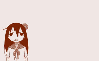 1girl arms_at_sides commentary_request empty_eyes full_body hair_between_eyes lagado long_hair monochrome mushroom mushroom_on_head open_mouth red_theme sailor_collar school_uniform shimeji_simulation short_sleeves simple_background solo sweat sweatdrop tsukishima_shijima wall-eyed