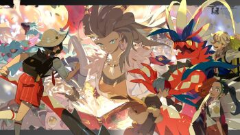 1boy 4girls aqua_eyes arven_(pokemon) backpack bag book brown_bag brown_hair brute_bonnet closed_mouth commentary e_volution flutter_mane glasses great_tusk hat hood hood_down hoodie jewelry juliana_(pokemon) koraidon letterboxed long_hair multicolored_hair multiple_girls necklace nemona_(pokemon) nintendo orange_shirt penny_(pokemon) pokemon pokemon_(creature) pokemon_sv ponytail roaring_moon professor_sada sandy_shocks scream_tail shirt short_sleeves shorts slither_wing socks two-tone_hair yellow_bag