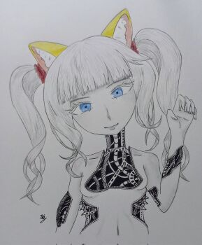 Rule 34 | 1girl, 2024, animal ears, artist initials, belly, blonde hair, blue eyes, cat ears, cat girl, cuemew, greyscale, gynoid, highres, indie virtual youtuber, monochrome, nisezen, robot, solo, twintails, virtual youtuber