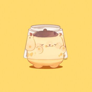 :3 against_glass animal_focus beret chibi chibi_only closed_eyes commentary cup dog hat in_container in_cup no_humans pompompurin sanrio signature solo standing symbol-only_commentary tenmiyakiyo yellow_background yellow_theme