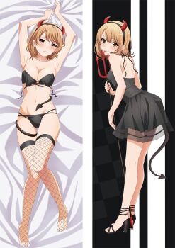 1girl armpits black_dress black_lingerie blush bra breasts cleavage dakimakura_(medium) demon_girl demon_horns dress feet fishnet_thighhighs fishnets full_body gluteal_fold high_heels horns isshiki_iroha licking_object lingerie lying official_art on_back panties pitchfork standing tail thighhighs underwear yahari_ore_no_seishun_lovecome_wa_machigatteiru.