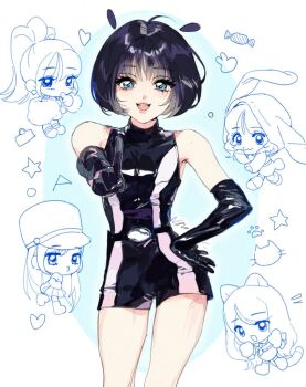 Rule 34 | 1girl, ahoge, animal ear hood, animal ears, animal hands, bag, bare shoulders, belt, ben9., black belt, black gloves, black hair, blue eyes, boots, candy, cat, cat tail, chibi, coat, copyright request, earrings, elbow gloves, fake animal ears, food, fur-trimmed coat, fur trim, gloves, hat, heart, hood, jewelry, long hair, looking at viewer, multiple costumes, open mouth, paw gloves, paw print, pointing, pointing at viewer, shako cap, short hair, short sleeves, skirt, solo, sweater, tail, teeth, upper body, upper teeth only, very long hair, white background