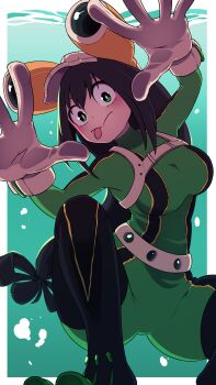 1girl asui_tsuyu asui_tsuyu_(hero_outfit) black_hair blush bodysuit boku_no_hero_academia breasts female_focus gloves goggles goggles_on_head green_bodysuit green_eyes hakimen large_breasts long_hair low-tied_long_hair solo superhero_costume tongue tongue_out white_gloves