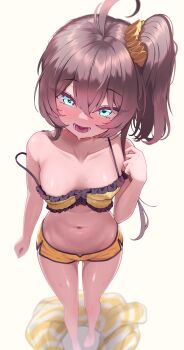 1girl ahoge aqua_eyes bare_arms blush breasts brown_hair camisole crop_top dolphin_shorts frilled_camisole frills full_body hair_ornament hair_scrunchie hand_up highres hololive hyeonin_gentora jacket looking_at_viewer natsuiro_matsuri natsuiro_matsuri_(matsuri&#039;s_day_off) navel official_alternate_costume open_mouth scrunchie short_hair_with_long_locks short_shorts shorts side_ponytail simple_background small_breasts solo stomach strap_slip striped_clothes striped_jacket unworn_jacket virtual_youtuber white_background yellow_camisole yellow_jacket yellow_shorts
