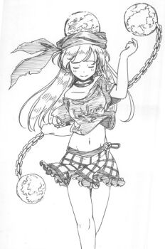 Rule 34 | 1girl, blush, chain, closed eyes, collar, collarbone, commentary request, earth (ornament), feet out of frame, groin, hand up, hat, hecatia lapislazuli, knees, long hair, miniskirt, monochrome, moon (ornament), navel, plaid clothes, plaid skirt, planet, rangycrow, shirt, single off shoulder, sketch, skirt, smile, solo, split mouth, stomach, t-shirt, thighs, touhou, underworld (ornament)