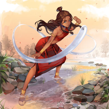 1girl anklet armlet artist_name avatar:_the_last_airbender avatar_legends bare_shoulders black_choker blue_eyes bracer breasts brown_hair choker crop_top falling_petals fighting_stance grass half_updo highres hydrokinesis jewelry katara long_hair long_skirt medium_breasts midriff nature outdoors parted_bangs petals red_shirt red_skirt rock sandals shirt side_slit sidelocks single_strap skirt soaking_feet solo sparkle stream syertse tan topknot water