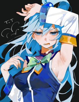 1girl aqua_(konosuba) arm_up armpit_focus armpits bare_shoulders black_background blue_eyes blue_hair blue_shirt bow bowtie breasts detached_sleeves female_focus gem green_bow green_bowtie hair_between_eyes hair_ornament hair_ribbon hair_rings kono_subarashii_sekai_ni_shukufuku_wo! long_hair looking_at_viewer medium_breasts open_mouth ribbon shirt sideboob simple_background solo sweat teeth upper_body white_sleeves yoko-chan_(mijizukeyoko)