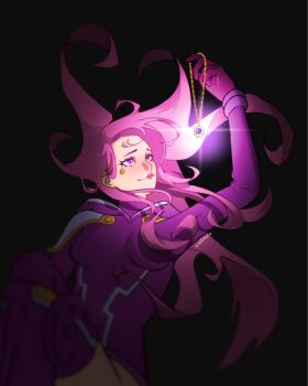 1girl amllmxn anti-eyebrow_piercing black_background commentary english_commentary eyelashes face_piercing floating_hair gloves hair_behind_ear highres holding_pendant hooded_leotard jewelry_bonney leotard long_hair one_piece piercing pink_gloves pink_hair pink_lips purple_eyes purple_leotard simple_background solo thighhighs twitter_username