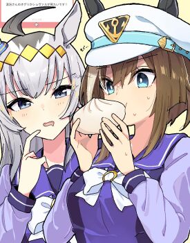 2girls ahoge animal_ear_headwear steamed_bun blush bow bowtie breasts brown_hair cheval_grand_(umamusume) commentary_request drooling eating fake_animal_ears food grey_hair hat hat_belt highres holding holding_food index_finger_raised long_hair long_sleeves marshmallow mouth_drool multiple_girls oguri_cap_(umamusume) open_mouth purple_shirt sailor_collar school_uniform shirt short_hair small_breasts sweat toji_(y2toj2) tracen_school_uniform twitter_username umamusume upper_body watermark white_hair white_hat yellow_background