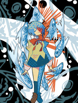 Rule 34 | 1girl, abstract, animal, black socks, blue eyes, blue hair, bow, bowtie, brown shoes, commentary, english commentary, fish, full body, highres, juliet sleeves, kneehighs, loafers, long sleeves, looking at viewer, mahou shoujo madoka magica, miki sayaka, miniskirt, mitakihara school uniform, puffy sleeves, radinea, red bow, red bowtie, school uniform, shoes, short hair, skirt, socks, solo, standing, sweater, yellow sweater