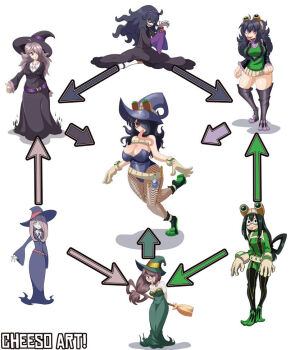 6+girls :p @_@ asui_tsuyu bags_under_eyes bare_arms bare_shoulders belt black_hair blush_stickers boku_no_hero_academia boots breasts broom cheeso_art cleavage closed_mouth collarbone dress fishnet_pantyhose fishnets fusion gloves goggles goggles_on_head goggles_on_headwear green_dress grin hair_over_one_eye hat hex_maniac_(pokemon) hex_maniac_(pokemon_xy) huge_breasts large_breasts little_witch_academia long_dress long_hair long_sleeves long_tongue looking_at_viewer medium_breasts multiple_girls nintendo open_mouth pantyhose playboy_bunny pokemon pokemon_xy potion purple_eyes purple_hair sharp_teeth shoes simple_background smile standing standing_on_one_leg strapless strapless_dress sucy_manbavaran teeth thick_thighs thigh_boots thighhighs thighs tongue tongue_out white_background white_gloves witch_hat