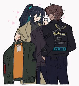 2boys ^_^ black_hair black_jacket black_sweater blue_pants brown_hair brown_jacket closed_eyes commentary_request cowboy_shot denim flower half_updo heathcliff_(project_moon) highres hong_lu_(project_moon) jacket jeans lapels leather leather_jacket limbus_company long_hair multiple_boys nantekottawo!! notched_lapels open_mouth pants phone_in_pocket project_moon simple_background smile sweater white_background