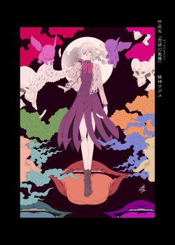 1girl black_background black_border border bow cherub covering_own_mouth dress full_body grey_hair hand_over_own_mouth highres jacket kishin_sagume moon purple_dress single_wing skull solo standing tongue touhou white_wings wings xiangyun yamada_satoshi