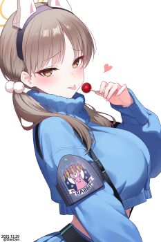 1girl :p absurdres blue_archive blue_sweater brown_eyes brown_hair candy dandan_(uaee4742) dated food halo heart highres holding holding_candy holding_food holding_lollipop lollipop looking_at_viewer moe_(blue_archive) simple_background solo sweater tongue tongue_out twitter_username white_background yellow_halo