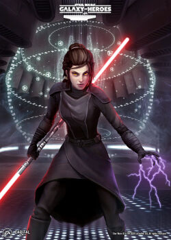 1girl absurdres artstation_sample artstation_username bastila_shan double_bladed_lightsaber energy_sword garrett_aj highres holding holding_sword holding_weapon image_sample lightning lightsaber lucasfilm red_lightsaber star_forge star_wars star_wars:_knights_of_the_old_republic sword weapon yellow_eyes