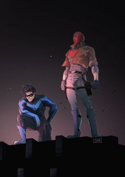 2boys batman_(series) black_bodysuit black_footwear black_gloves black_hair blue_bodysuit bodysuit brothers brown_jacket dc_comics dick_grayson domino_mask eye_mask full_body gloves grey_bodysuit gun holster jacket jason_todd jjmk-jjmk male_focus mask multicolored_bodysuit multiple_boys muscular muscular_male nightwing open_clothes pants red_hood_(dc) red_mask short_hair siblings simple_background superhero_costume thigh_holster two-tone_bodysuit weapon