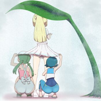 3girls absurdres arm_up ass back_bow bare_shoulders blonde_hair blue_hair blue_one-piece_swimsuit blue_panties blue_pants blue_sailor_collar bow braid breasts clothes_lift crop_top dark-skinned_female dark_skin facing_away female_focus flip-flops from_behind full_body green_footwear green_hair grey_bow grey_footwear grey_overalls hair_tie hand_up highres hugging_own_legs kneepits lana_(pokemon) leaf legs lifting_another's_clothes lillie_(pokemon) long_hair mallow_(pokemon) microsd_(pibo) miniskirt multiple_girls nintendo one-piece_swimsuit outdoors overalls panties pants pantyshot pink_shirt pleated_skirt pokemon pokemon_sm ponytail ponytail_with_braided_base rain sailor_collar sandals shirt shoes short_hair short_sleeves skirt skirt_lift sleeveless sleeveless_shirt small_breasts socks squatting standing strapless strapless_shirt striped_clothes striped_panties swimsuit swimsuit_under_clothes twintails underwear upskirt white_footwear white_shirt white_skirt white_socks
