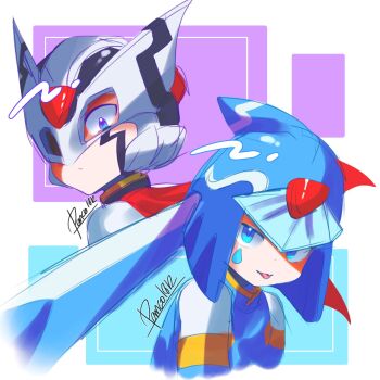Rule 34 | 1boy, 1girl, black helmet, blue eyes, blue helmet, commentary, english commentary, facial mark, fairy leviathan (mega man), forehead jewel, helmet, hidden phantom (mega man), highres, mega man (series), mega man zero (series), panco 1812, red scarf, scarf, signature, teardrop facial mark, tongue, tongue out, upper body, white background