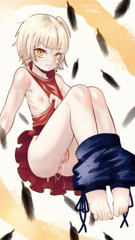 1girl anus ass bad_tag bare_arms bare_shoulders barefoot blonde_hair blush bottomless breasts breasts_out brown_eyes closed_mouth clothes_lift clothes_pull dress feet flat_chest full_body hair_between_eyes legs loli looking_at_viewer monogatari_(series) nipples no_bra no_panties open_clothes orange_eyes oshino_shinobu pussy pussy_juice red_dress shirt short_hair shorts simple_background sitting skirt sleeveless sleeveless_dress small_breasts smile solo solo_focus sweat teirestra thighs toenail toes uncensored white_background yellow_eyes