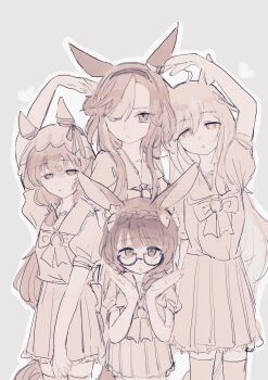 Rule 34 | 4girls, absurdres, admire groove (umamusume), ahoge, animal ears, braid, commentary request, ear covers, glasses, hair over shoulder, hairband, highres, horse ears, horse girl, long hair, looking at viewer, maron17 29mikan, mole, mole under mouth, monochrome, multiple girls, neo universe (umamusume), school uniform, single braid, still in love (umamusume), tracen school uniform, umamusume, veil, zenno rob roy (umamusume)