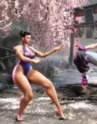 1girl 3d alternate_costume animated ass barefoot bouncing_breasts breasts capcom chun-li curvy fighting_stance from_behind full_body bad_tag happy highleg highleg_one-piece_swimsuit huge_ass jumping large_breasts medium_breasts one-piece_swimsuit purple_one-piece_swimsuit ryona shiny_clothes skin_tight solo solo_focus street_fighter street_fighter_6 swimsuit tagme thick_thighs thigh_gap thighs video wide_hips