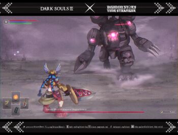 Rule 34 | 1girl, absurdres, battle, black shorts, blue hair, braid, character name, copyright name, dark souls (series), dark souls iii, dclaret, digimon, digimon (creature), digimon story: time stranger, dual wielding, fog, gameplay mechanics, glowing, health bar, helmet, highres, holding, holding shield, holding sword, holding weapon, minervamon, monster energy, mugendramon, non-humanoid robot, robot, robot dragon, shield, shorts, standing, sword, twin braids, weapon, winged helmet