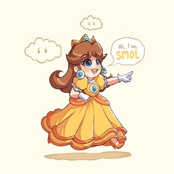 1girl absurdres blue_eyes brown_hair crown dress earrings flower_earrings gloves high_heels highres jewelry long_hair lysum mario_(series) nintendo open_mouth orange_dress orange_shoes princess_daisy shoes simple_background smile super_mario_bros._wonder white_gloves