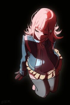 1girl breasts brown_hair brown_skirt collared_shirt danganronpa_(series) danganronpa_2:_goodbye_despair flipped_hair hair_ornament jacket long_sleeves medium_hair nanami_chiaki neck_ribbon open_clothes open_jacket pink_ribbon ribbon shirt skirt solo thighhighs white_shirt yeonju