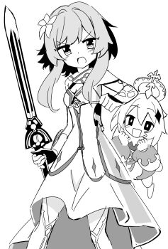 2girls bare_shoulders blush boots breasts clenched_hand clenched_hands commentary_request cowboy_shot crystal_hair_ornament detached_sleeves dress e.o. flower flying genshin_impact gloves greyscale hair_between_eyes hair_flower hair_ornament halo hand_up hands_up highres holding holding_sword holding_weapon long_sleeves looking_at_viewer lumine_(genshin_impact) mechanical_halo medium_breasts monochrome multiple_girls open_mouth paimon_(genshin_impact) partially_fingerless_gloves puffy_long_sleeves puffy_sleeves romper short_hair sidelocks simple_background sleeveless sleeveless_dress smile standing sword thigh_boots v-shaped_eyebrows weapon