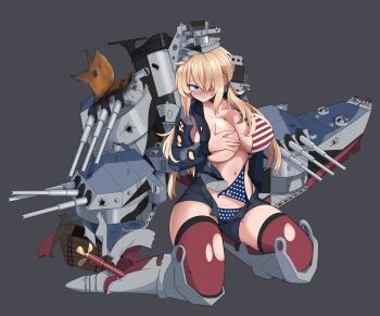 american_flag american_flag_bikini american_flag_print armored_boots bikini blonde_hair blue_eyes blue_jacket blue_shorts blush boots breasts commentary english_commentary flag_print flag_print_bikini full_body grey_background hair_over_one_eye hand_on_own_chest headgear highres jacket kantai_collection kneeling large_breasts long_hair looking_at_viewer navel open_clothes open_fly open_shorts original phenol_r print_bikini propeller_footwear red_thighhighs rigging shorts sidelocks simple_background swimsuit thighhighs torn_bikini torn_clothes torn_jacket torn_thighhighs uss_alaska_(cb-1)_(personification)