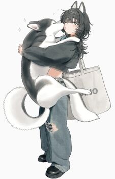 1girl absurdres animal animal_ears bag black_hair black_jacket black_shoes blue_pants commentary crop_top cropped_jacket denim full_body grey_eyes highres holding holding_animal jacket jeans long_hair long_sleeves original pants shoes shoulder_bag simple_background solo standing symbol-only_commentary takaya_riku torn_clothes torn_pants white_background wolf wolf_ears wolf_girl