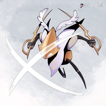 1other arthropod_limbs artist_name attack black_skin blank_eyes cloak colored_skin dual_wielding full_body guraguradesign highres holding hollow_knight hollow_knight:_silksong humanoid_robot no_humans other_focus reverse_grip robot second_sentinel_(hollow_knight) white_cloak white_eyes