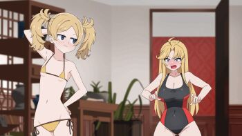 2girls animated animated_gif bikini black_one-piece_swimsuit blonde_hair breasts clarisse_(fire_emblem) cleavage commission covered_navel dancing fire_emblem fire_emblem:_new_mystery_of_the_emblem fire_emblem_awakening highres indoors large_breasts lissa_(fire_emblem) long_hair looking_at_another multiple_girls navel nintendo one-piece_swimsuit open_mouth oppaihobby parody second-party_source short_twintails side-tie_bikini_bottom small_breasts string_bikini swimsuit toaru_kagaku_no_railgun toaru_majutsu_no_index twintails yellow_bikini