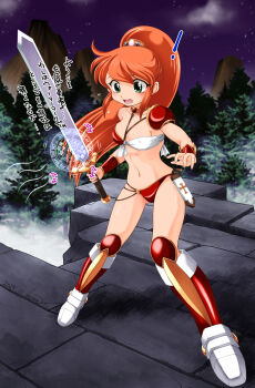 ! 1girl armor armored_boots bikini bikini_armor boots bracer breasts caron_(rall) commentary_request commission cream_lemon full_body gluteal_fold green_eyes highres idaleekone knee_boots legs_apart long_hair navel open_mouth orange_hair outdoors ponytail red_bikini red_boots runes sf_choujigen_densetsu_rall shoulder_armor skeb_commission small_breasts solo standing surprised swimsuit sword thighs translation_request weapon white_bikini