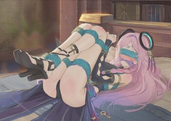 1girl absurdres aqua_rope bare_shoulders bdsm black_leotard blindfold blush bondage bound bound_ankles bound_arms bound_legs bound_thighs bound_torso bound_wrists breasts cailin020 citlali_(genshin_impact) cleave_gag cloth_gag clothing_cutout commission facial_mark floating_headgear gag gagged genshin_impact glove_cutout halter_leotard halterneck headgear high_heel_sandals high_heels highres improvised_gag large_variant_set leotard long_hair looking_at_viewer medium_breasts on_bed pink_hair purple_sarong restrained ring_hair_ornament rope sandals sarong shibari shibari_over_clothes solo thigh_marking triangle triangle_facial_mark variant_set very_long_hair