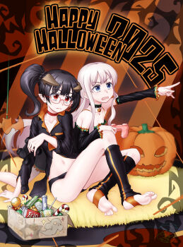 Rule 34 | 2girls, barefoot, black hair, blonde hair, blue eyes, feet, food, glasses, halloween, highres, horns, jack-o'-lantern, long hair, multiple girls, open mouth, original, pointy ears, red eyes, side ponytail, soles, stellarxiela2, stirrup legwear, sweets, toeless legwear, toes