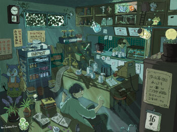 Rule 34 | 2boys, absurdly detailed composition, analog clock, artist name, beaker, black hair, black pants, book, bottle, broom, calendar (object), cat, chest of drawers, clock, commentary request, cooking pot, crystal, cup, day, hands up, highres, holding, holding pen, index finger raised, indoors, jar, ladder, light rays, loaded interior, long sleeves, miharusu, mortar (bowl), mug, multiple boys, open book, original, pants, paper, pen, pestle, pile of books, plant, potted plant, scenery, scissors, shelf, shirt, short hair, sitting, stool, sunbeam, sunlight, translation request, typewriter, very short hair, watering can, weighing scale, white shirt