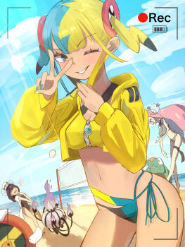 3girls absurdres bandeau beach bellibolt bikini bikini_bottom_only canari_(pokemon) chandelure cloud commentary_request day eelektross eyelashes gen_5_pokemon grin gwynn_(pokemon) hands_up highres hood hood_down hooded_jacket iono_(pokemon) jacket long_sleeves multicolored_hair multicolored_nails multiple_girls nail_polish nintendo niwaka_no_kamatari one_eye_closed open_clothes open_jacket outdoors pokemon pokemon_(creature) pokemon_legends:_z-a pokemon_sv recording sand shore sky smile swimsuit teeth viewfinder volleyball water yellow_bandeau yellow_jacket zipper zipper_pull_tab