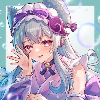 Rule 34 | 1girl, absurdres, blue choker, blue hair, blush, bubble, choker, commentary request, detached sleeves, frilled hairband, frills, genshin impact, hairband, hand up, highres, long hair, long sleeves, looking at viewer, nihongami, parted lips, pointy ears, purple eyes, revision, solo, upper body, very long hair, yumemizuki mizuki, yuno kaihara