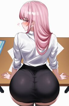 1girl absurdres ass back blush from_behind hair_over_shoulder heart helldeer highres hololive hololive_english long_hair looking_back miniskirt mori_calliope office_lady paper pencil_skirt pink_eyes pink_hair shirt shirt_tucked_in simple_background skirt solo table thighhighs very_long_hair virtual_youtuber white_background white_shirt zettai_ryouiki