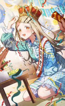 Rule 34 | 1girl, 2others, :d, balloon, between legs, birthday sash, blonde hair, blue dress, blush, bottle, bowl, cake, collared dress, commentary request, crown, dress, earrings, feet out of frame, flipped hair, food, frilled dress, frills, gakuen idolmaster, gradient hair, green dress, grey hair, hair ornament, hairclip, hand between legs, hand up, highres, holding, holding party popper, idolmaster, indoors, jewelry, long hair, long sleeves, looking at viewer, multicolored dress, multicolored hair, multiple others, on floor, open mouth, parallel hairclips, party popper, sash, seiza, shinishi chiho, shinosawa hiro, shoulder sash, signature, sitting, smile, solo focus, streamers, stud earrings, table