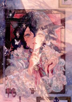 1girl absurdres animal_ears bell black_hair brown_eyes bug butterfly commentary finger_to_mouth flower highres insect looking_at_viewer neck_bell original painting_(medium) painting_(object) picture_frame ribbon shiratama_anzu shushing traditional_media watercolor_(medium)