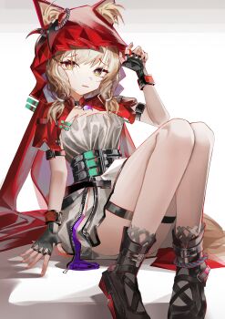 1girl absurdres animal_ear_fluff animal_ears arknights arknights:_endfield arm_belt belt black_boots black_gloves black_shoes blonde_hair boots breasts bright_pupils cape convenient_leg dress ears_through_headwear ears_through_hood fingerless_gloves full_body gloves grey_background grey_dress hand_up hashtag-only_commentary high_belt highres hood hood_up hooded_cape jewelry knees_up long_hair looking_at_viewer low-tied_sidelocks mikkan necklace parted_lips raised_inner_eyebrows red_cape red_hood rossi_(arknights) shoes short_dress sidelocks simple_background sitting small_breasts solo tail thigh_strap tooth_necklace white_background white_pupils wolf_ears wolf_girl wolf_tail yellow_eyes