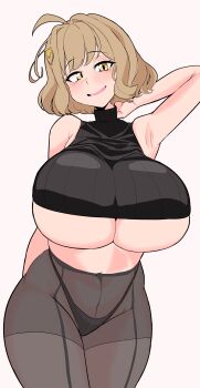 Rule 34 | 1girl, absurdres, ahoge, alternate breast size (larger), alternate costume, anis (nikke), arm behind back, armpit crease, armpits, bare arms, bare shoulders, black panties, black pantyhose, black sweater, blush, breasts, brown background, brown hair, commentary, covered groin, covered navel, cowboy shot, crop top, cropped sweater, front-seamed legwear, goddess of victory: nikke, hair ornament, hairclip, hand on own neck, hand up, head tilt, high-waist pantyhose, highleg, highleg panties, highres, huge breasts, looking at viewer, no pants, panties, panties under pantyhose, pantyhose, parted lips, ribbed sweater, seamed legwear, short hair, simple background, sleeveless, sleeveless sweater, smile, solo, standing, sweater, turtleneck, turtleneck sweater, two handy, underboob, underwear, yellow eyes